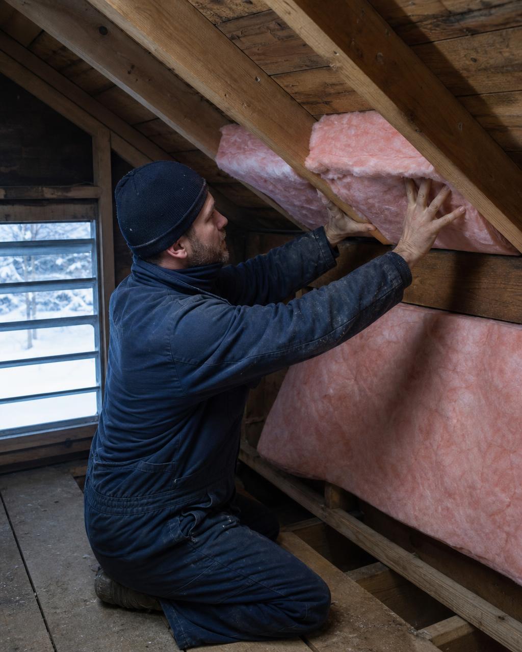 Installation de matelas de fibre de verre rose entre les chevrons d'un grenier