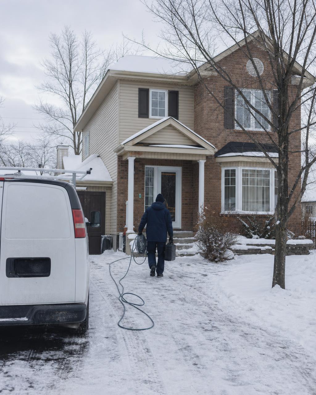 Camion de service devant une maison de banlieue québécoise enneigée