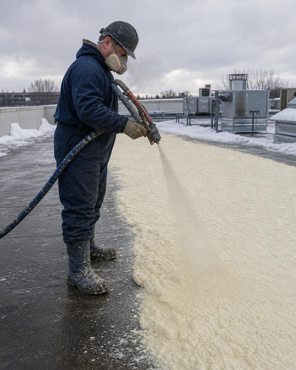 Application d'uréthane giclée sur une toiture plate commerciale en hiver