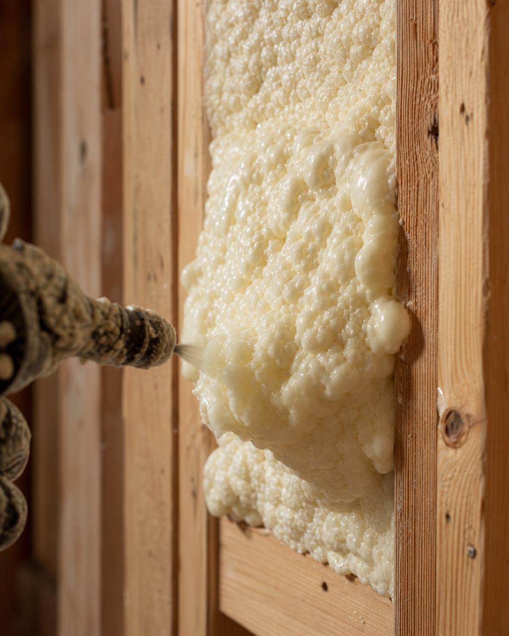 Gros plan de l'uréthane giclée en expansion sur une ossature de bois