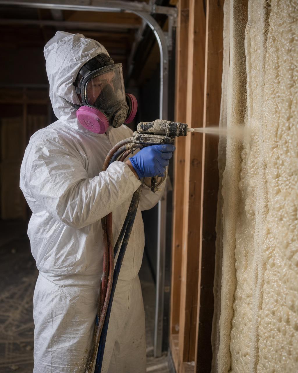 Technicien en équipement de protection complet appliquant de l'uréthane