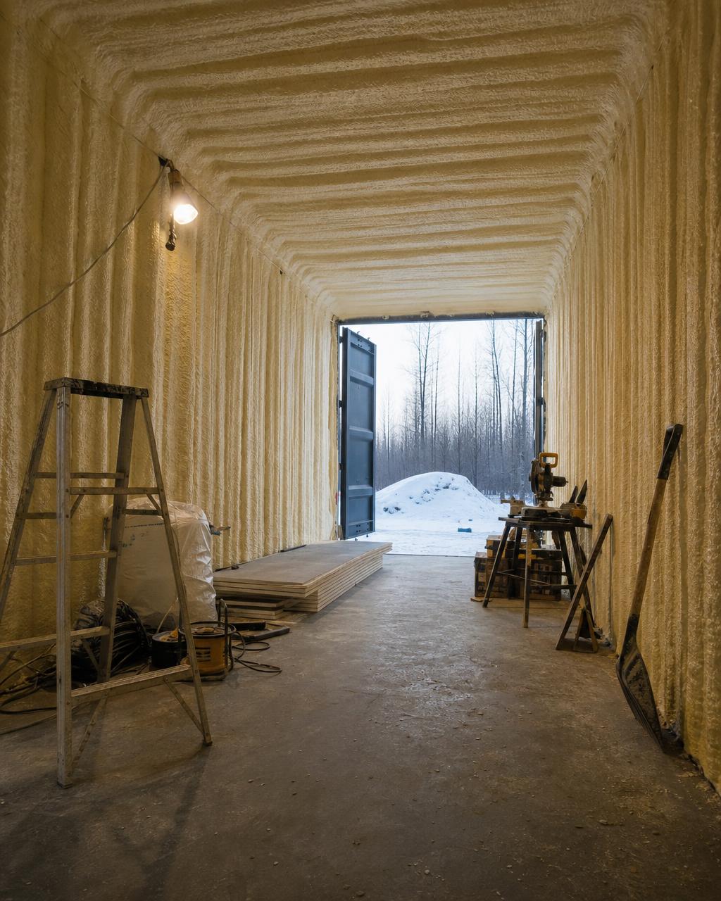 Intérieur d'un conteneur maritime entièrement isolé à l'uréthane giclée
