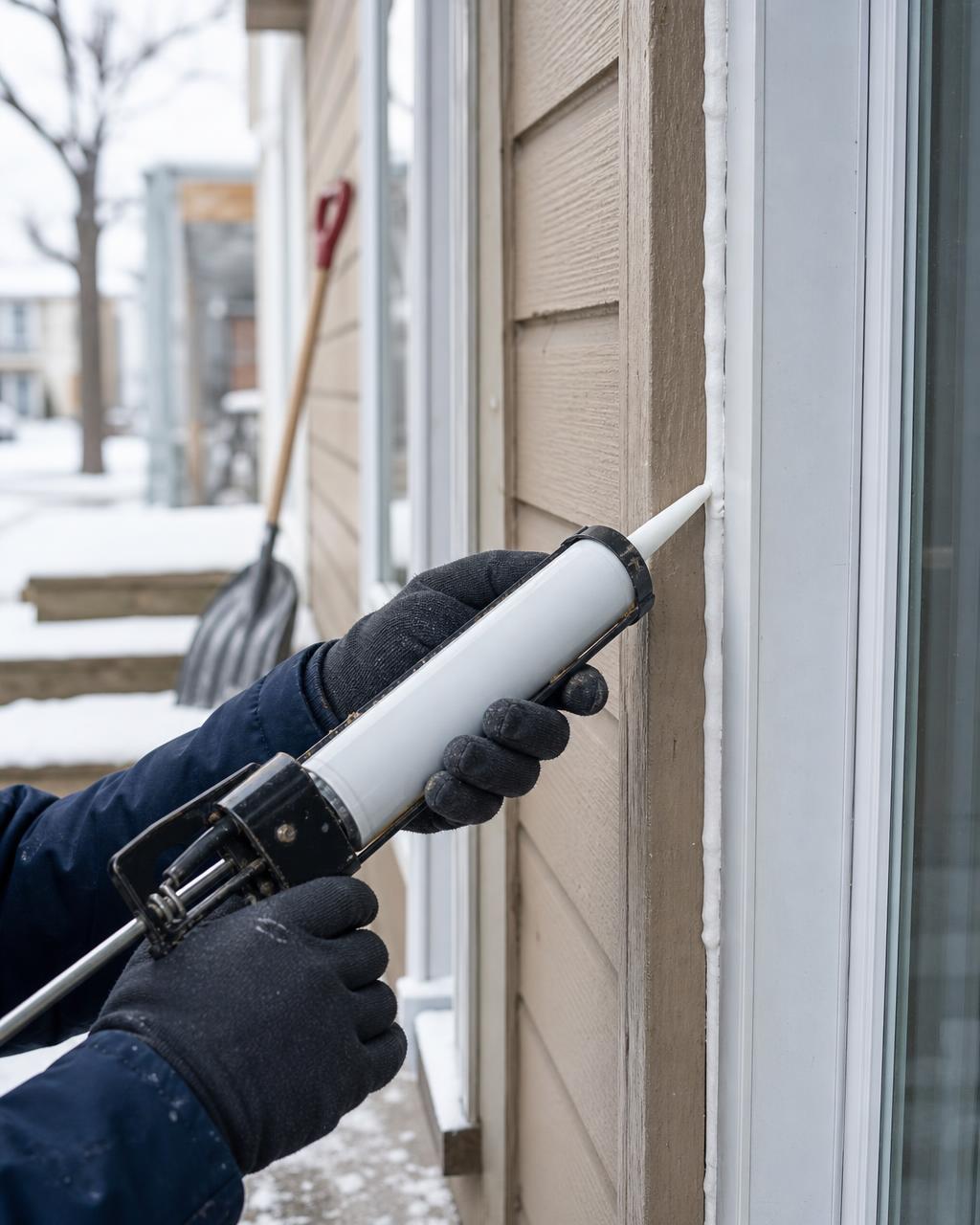 Calfeutrage d'un cadre de porte extérieure d'une maison en hiver